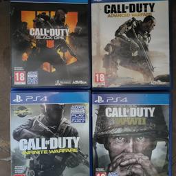 PS4 GAMES/ CALL OF DUTY ALL DIFF PRICES 

I've got 4 call of duty PS4 GAMES for sale

Call of duty black ops 4 £15
Call of duty advancd warfare £10
Call of duty infinite £10
Call of duty WW11 £10

Or have them all together foe just £40 pound cash 

All games are clean fully working