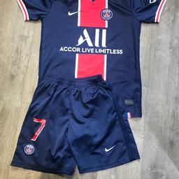 Kids Football Top And Shorts PSG MBAPPE Size Small Approx 12-14yrs. Tiny bit of cracking on letter a on front otherwise excellent quality and condition from smoke free home