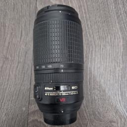 Nikon 70-300mm lens 
Used but it in excellent condition 
Lens cap missing but doesn’t effect use 
Buyer to collect, can deliver locally 
Still selling online for £259