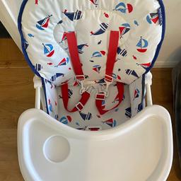 This easy to use and perfect for any occasion highchair is suitable from 6 months old. This is a practical compact high chair with its padded wipe clean seat for easy cleaning. It includes a handy foot rest and a flip up feeding tray to help get your baby in and out of the highchairs .

in good condition.

Size H104, W64, D74cm.
Size folded H124, W64, D23cm.
Available for collection
 or delivery (+ add delivery fee)
 Payment for delivery should be in advance .