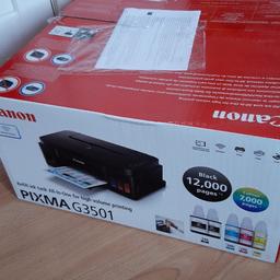 Canon Pixma G3501 printer, brand new, only opened box to check contents and to take pics, cost £179.99 I have the invoice, accept £100 never used bargain... Cd included and unopened ink like I said as new only opened to check contents were all there and for photos 