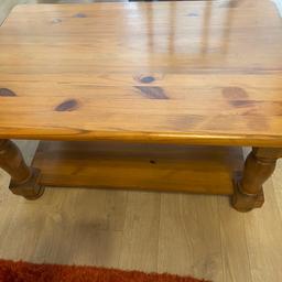 Heavy coffee table that has a few marks but easily re sanded and varnished. Quality piece of furniture Length 91 cm, Width 60cm and height 46cm. Was expensive when bought new.