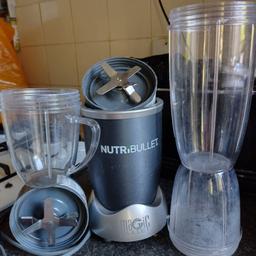 A  reasonable condition juice/blender. 
Come with 2 spin grey things and 2 cups one large 2 small one with a handle. Still works. Do not leave to spin for long. As it blitzes in seconds. Makes a bit of a loud whuring noise. But still works perfectly. From a pet and smoke free home. Pick up from Bounds Green North London.