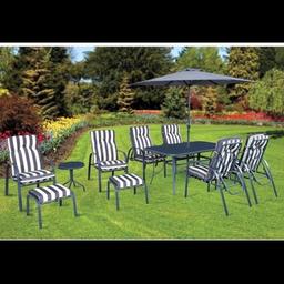 For sale Matching parasol umbrella, 6 lounge chairs (2 new and four used like new condition), glass grey dining table and new foot stools for sale. Also available matching gazebo for sale. Local delivery or collection