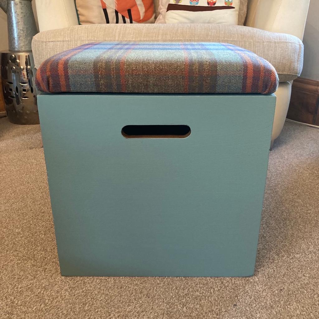 This retro wooden storage box with cushioned top has been reupholstered in a beautiful checked tweed fabric. It has been sanded and painted in Heirloom (blue) Fusion Mineral Paint to complete this country style look. As this is a previously used item, there are some original signs of wear (please see photos). Height 44cm, width 41cm and depth 41cm approx. Collection from Dunsville, Doncaster or can deliver within Doncaster area for a fee.