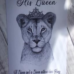 Set of 2 his and her lion prints
~ A queen isn’t a queen without her king
~ A king isn’t a king without his queen

With come with diamanté’s crown and glittered whisker
Or as they are

Available in A4 - £12
A3 - £17
Print only no frames
Printed on premium glossy paper

A half price deposit is required upon any order

Postage £4
Collection available