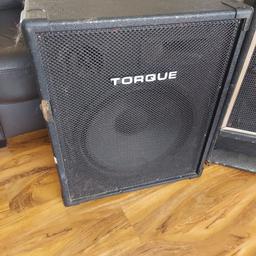 Torque t620pa 4 channel pa/guitar etc amp (350 Watts i think) and two speakers: torque 15" and squire 15"

Very much showing signs of lots of use and love - would suit a band for rehearsals or town Hall for pa.

Do what I did and throw a black cloth over it and its good as new.

all good working order. can be seen working.

Amp is worth 150 on its own.