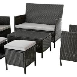 6 Seater Rattan Effect Sofa Set - Dark Grey already assembled but all new and we can deliver local 
rattan-effect sofa set offers space for the whole family to sit in the sunshine. There's room for 6 here - a sofa, 2 armchairs and 2 stools. Rattan always looks fab in the garden. Imagine this charming set on your patio or decking. The glass-topped table offers space for a jug of your favourite drink or a place to rest your book. Go on, get together and enjoy sunny days and warm evenings.
Sofa size H89, W112. D64cm.
Chair seat and back made from rattan effect.Chair Size H89, W61, D64cm.