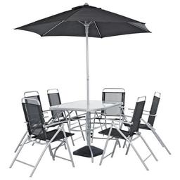 6 Seater Metal Patio Set - Black & Silver all new in box and we can deliver local 
Table, 6 chairs and parasol 
Glass table top.
Steel garden table.
Table size: H71, W76, L120cm.