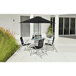 Atlantic 4 Seater Metal Patio Set -Black & Silver already assembled but all new and we can deliver local 
Table and 4 chairs with parasol 

Glass table top.
Powder coated steel garden table.
Table size: H71, W80, L80cm.
Removable legs for storage.