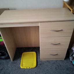 three drawer desk
some wear and tear  
very good condition 
solid desk sliding drawers 
light pine effect
Bargain 
WN4 area