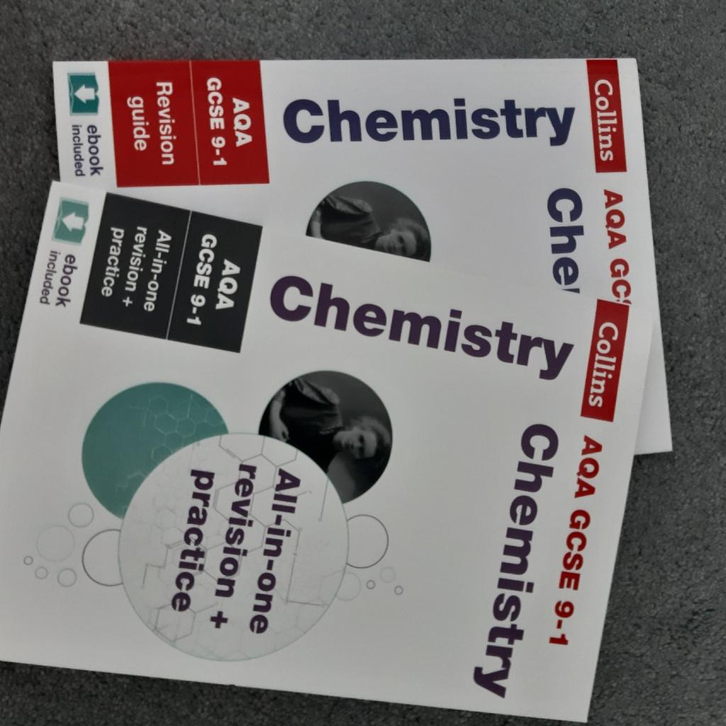 AQA GCSE 9-1 Chemistry all-in-one revision and practice + AQA GCSE 9-1 Chemistry revision guide. Excellent condition . Cost £17 when we bought them.