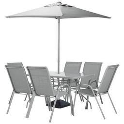 Sicily 6 Seater Metal Patio Set - Grey table and 6 chairs and parasol all new in box and chairs fully assembled and we can deliver local Perfect for entertaining, this 6-seater grey patio furniture set features 6 stackable chairs and a modern, glass topped table with a parasol to shade you and your guests. Textaline chairs provide comfort without the need for cushions. You can chat all night with this laid-back garden furniture set. Glass table top.
Steel garden table
Table size: H71, W84, L135cm.
Removable legs for storage.