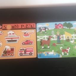 2 sound pick piece puzzles from Melissa & Doug. In good, used condition. Both for £3. Ideal for a playgroup/childminder/relatives house.

The vehicles one makes noise of vehicle as you place the piece IN the correct place, and the farm one sings 'old macdonald' as you take the piece OUT.

Have been wiped over with anti bac spray.

Collection only from a pet and smoke free home on the Sandhills Estate, Leighton Buzzard.

Check out my other items, essentials, toys and clothes for upto 24 months.