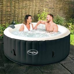 Brand new in box 📦 

A stylish, classic design in black leatherette finish- the CleverSpa® Onyx 4-person hot tub is ideal for those with limited outside space. Stylish and compact, the CleverSpa® Onyx offers 110 air jets to sooth and relax and the 365 FreezeGuard ensures you can benefit from your CleverSpa® 
Black coloured inside.
Holds up to 4 adults.
Air blower.
110 air jets.
1800 kw heater.
800 litre water capacity.
This efficient pump provides low cost filtration for your spa.
Height 65, Diameter 180cm.
