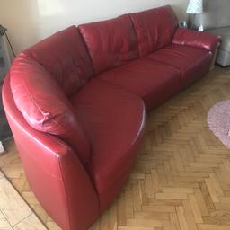 Red leather IKEA 6 seater corner sofa in very good condition throughout. Very soft and comfortable but also provides good body support. Sizes are as follows:
Total Width 306cm
Height 85cm
4 seater full depth 89cm
4 seater seat depth 60cm
Curved 2 seater
Height 85cm
Seat depth 75cm
Original price was well over £1,000. Quick sale at only £50.
