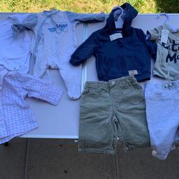Job lot of baby boy clothes 0-3 months

All very good condition and some new. Includes

- 2 shorts
- 1 body suits
- 1 body grows
- 1 shirts
- 1 hoodie
- 1 T-shirt

All from a smoke and pet free home