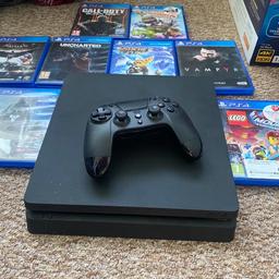 PlayStation 4 500GB Slim for sale with controller and games as per picture.
All in good working order from smoke and pet free home. 
Collection from Lichfield. Delivery available.