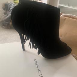 Size 39
Black suede ankle open toe boot/ shoe 
Stunning shoe
With side zip
Barely worn as can see
Comes in original box with new set of heel caps as shown in picture 
Paid £185 for these
