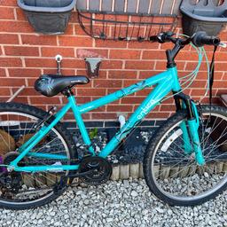 ladies Entice Apollo mountain bike
 Kendra tyres, Revro shift gears, Tektro brakes, quick release 26 inch alloy wheels, comfy padded seat, aquamarine colour.
Used but good condition. 
Few age related scratches but great working order