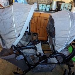 double pushchair for sale
used a handful of times
good condition
seat faded off sun on back seat unit.
has raincover underneath. 
never had any issue with it.
will come cleaned and covers washed 
collection WS2 area