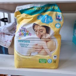 free pampers and little angels nappies. unused, put of the packaging as I had them in a basket ready for use but baby has gone up a size. these are size one.