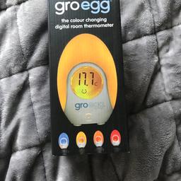 Gro Egg let’s you know if the temperature of the room is too hot or cold for your baby. 
Great item to have. 
Plugs in at the mains with a button underneath to turn on and off. 
Comes with the box. 
Has a few scuffs on that I have tried to remove- I’ve tried to show them in the photos