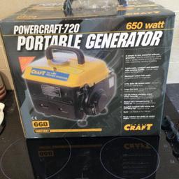 Brand new powercraft 720 portable generator 650 watt never been opened sealed box no damage like new uk socket use large fuel tank 5-8 hrs running time on full tank have to use unleaded petrol contents includes battery charging leads tool set with case machine oil ideal for power tools/lighting/work shops/ caravans/ camping/ comes with carry handle also to use on small to mediam size vehicles welcomed to view collection only please