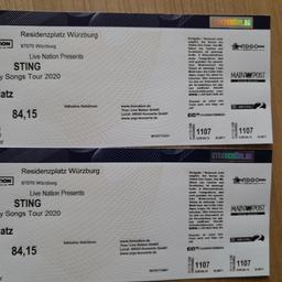 Muss leider kurzfristig meine 2 Tickets für das ausverkaufte Konzert von Sting auf dem Residenzplatz in Würzburg am Samstag, 23.07.22 verkaufen.

Normale Stehplatzkarten.

Nur Abholung in Unterpleichfeld.

Preis von 75EUR gilt je Ticket.

Bezahlung bat oder Paypal