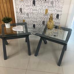 Matching pair of side tables. Great quality, heavy and sturdy. Thick, beveled edge glass. Grey wooden legs. Modern design. 56 cm sq. 51 cm h. Vgc. Cash on collection