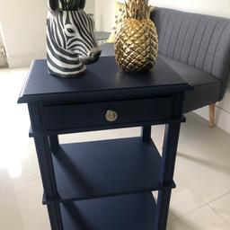 3 tier side table. Painted in navy Frenchic chalk paint. 1 drawer with a satin silver handle. 50 cm w. 35 cm d. 69 cm h. Vgc. Cash on collection