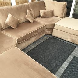 Top quality large plush velvet U  shape light mocha sofa includes 2 large footstools which can be moved around so sofa can be used as a 4 seater, L shape or U shape sofa (footstools sit in front of the sofa they are not attached)
only 6 months old 
SOFA 
L= 3200 (126inc)
W = 1060 (42inc)
H = 860 (34inc)
FOOTSTOOLS 
3ft x 3ft