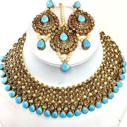 This beautiful 3 piece Choker Necklace, Earrings & Headpiece set is perfect for any Occasion. This amazing set is Gold Plated and filled with Bronze and Light Blue Stonework. As the Jewellery is made from Zinc this is a durable material which will not discolour or corrode.
Care Instructions: Keep away from Water, Body Lotions and Perfumes