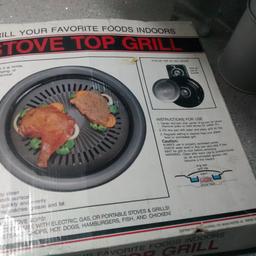 New Stove top grill. Never got to use it ..Come in handy to someone as very easy to use. can be used in the home or outside for camping out ..you can grill  fish meat chicken vegetables anything or use it like a barbeque 
I'm selling it for £15 or any good offers