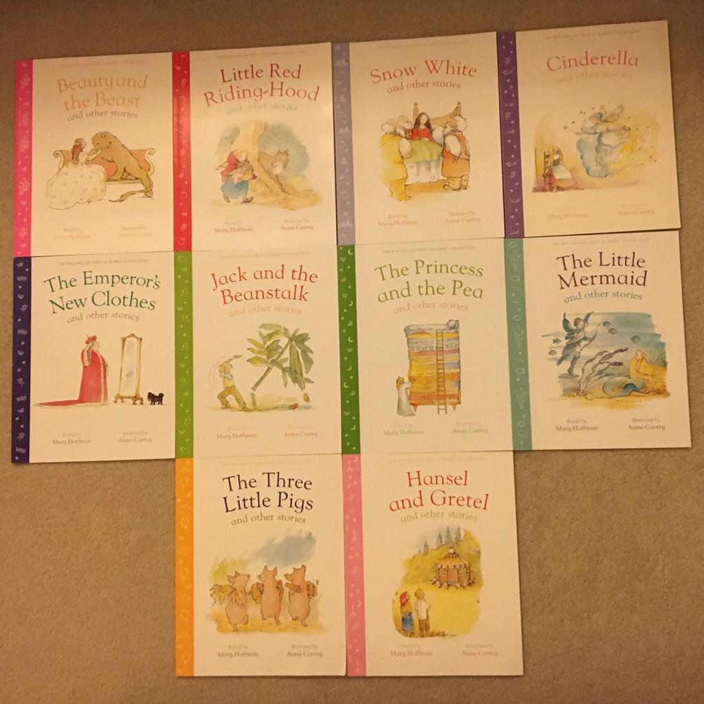 10x fairy tale books:
Beauty and the beast
Little red riding hood
Snow White
Cinderella
The emperors new clothes
Jack and the bean stalk
The princess and the pea
The little mermaid
The three little pigs
Hansel and gretel