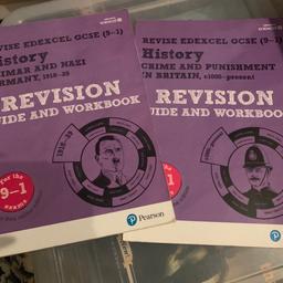 In perfect New condition!GCSE History Revision Guide and work books.(Weimar and Nazi Germany and Crime and punishment in Britain ) pick both for £5 or each for £3.