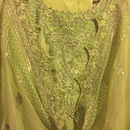 Beautiful lime green party dress
Size Small but I'm a size Medium and it's perfectly fitted on me worn once on Eid
As new one bead is missing from border of the kameez its cost me £75
prefer Collection