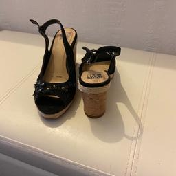 Ladies black fabric shoes with cork wedge
