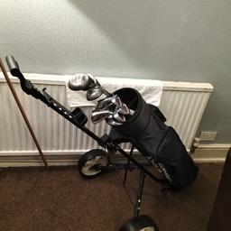 Used good condition set of golf clubs with bag and trolley. Selling for a family member so got limited information. To my knowledge it is complete, there are 7 irons, 2 wedges (S&P), 3 drivers and a Donny Revolution putter. All zips work on the bag and comes with a small tool (looks like a golfing pen knife).

Bargain for a golfer, would sell for a lot more but after a quick sale.

I have another set of clubs listed, please see my other listings.

Collection only Radcliffe.