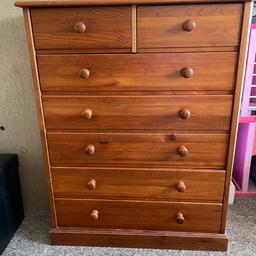 Height is 108cm
Width is 84cm
Depth is 39cm 
Good condition. 5 drawers and 2 small drawers. Also selling a wardrobe, cupboard and bed side drawers shortly to match. Collection only B90