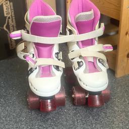 A pair of rollerskates in size one.
They are well loved but do not have any malfunctions, broken bits etc.
Note: Collection only. :)