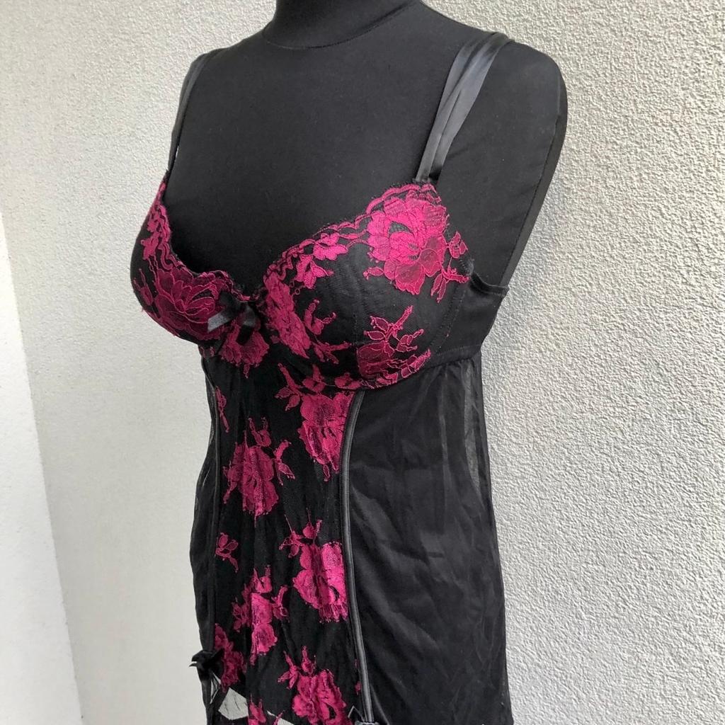 Neuwertig! C&A schwarze Netz Nachthemd mit rosa Spitzen Blumen 85C/ M