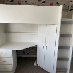 Good spacious storage-wardrobe, three drawers, desk, shelves and more shelf space behind the ladder. Instructions included. Excellent bed. Only used for about 12 months. Collection only B90. 