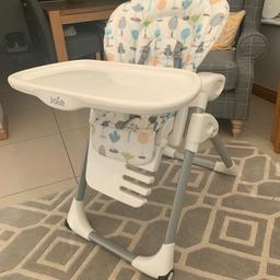 High chair has 2 heights, 2 tilt positions, large tray which fits neatly on the back of the frame, washable cover.