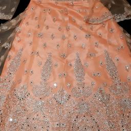 Long maxi dress 3 piece suit. Ideal for weddings or parties. Peach with silver embroidery & mirrors. Absolutely stunning design. S6ize small, 36. Worn once for 2 hours, so as good as new. Open to reasonable offers