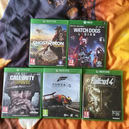 Xbox one games all different prices 

All games are like new condition no marks on the disc at all

Tom Clancy's Ghost Recon Wildlands £15

watch dogs legion £15

call of duty ww2 £10

Forza Motorsport 5 £15

Fall out 4 £10 

Or all 5 games for £50 pounds cash 

Or good swaps are welcome
