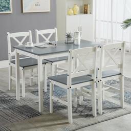This traditional style table and chairs set is the timeless look your kitchen deserves. In a soft white and grey design, it's two-tone finish offers a touch of country cottage charm.

This hard wearing solid wooden set is perfectly sized for smaller dining areas and comes complete with 4 or 2 chairs that complement the table perfectly.

The solid wooden table top is durable enough to take any spillages or mess during your family breakfast/meal time, leaving you worry free and able to enjoy your families company.

Features:

Solid pine wood

Smooth surface, easy to clean

Stylish design，hard wearing

Flat packed, easy to assemble

4 seats Table: 108(L) x 64(W) x 73(H)cm