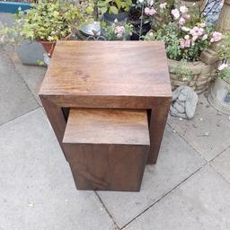 table is 35cm x 50cm 
54cm high

cube is 32cmx32cm
45cm high

walnut coloured wooden nest tables
made from  Dakar wood
can be used separately or together
very good condition 

from a very clean pet and smoke free home