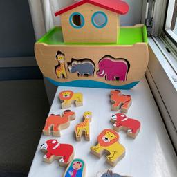 Noah’s Ark wooden shape sorter, great motor skills,shared learning,wooden double sided figures, with Mr and Mrs Noah and animals from smoke free pet free home may deliver