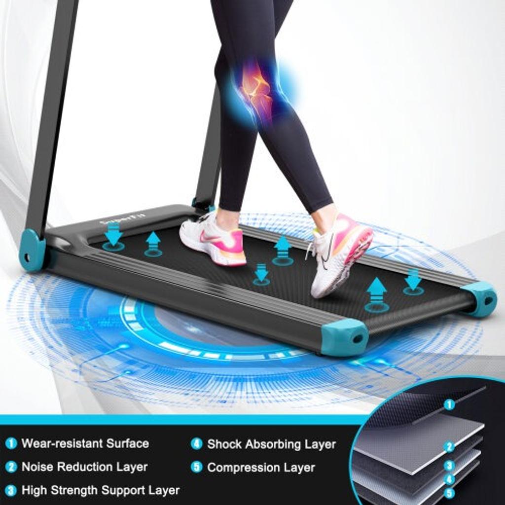 Folding Treadmill Compact Walking Running Machine w/APP Control

Material: Steel, ABS

Net weight: 25.5 kg

Unfolding Size: 113 x 59 x 93 cm (L x W x H)

Folding Size: 113 x 59 x 11 cm (L x W)

Size of running belt: 95 x 36 cm (L x W)

Weight capacity: 90 kg

Motor Power: 0.75HP

Voltage: 220-240V 50Hz

Package includes:

1 x Treadmill

1 x Instruction

Features

Colour: Blue
Type: Motorised
Features: Screen
Running Belt Width: 37cm